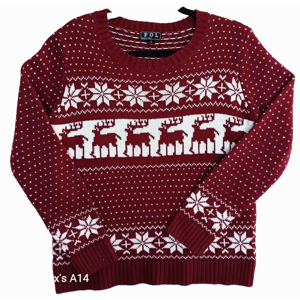 POL Women's Fair Isle Christmas Sweater Holiday Burgundy Maroon White - Small